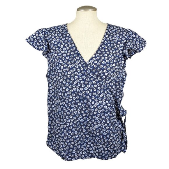 Old Navy Wrap Top Womens Plus XXL Blue Ditsy Floral Flutter Sleeve Side Tie - Picture 2 of 7